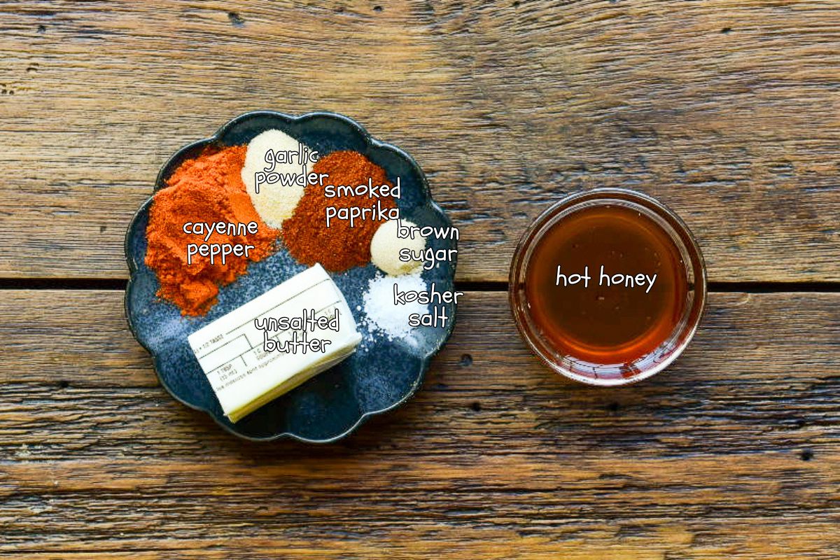 Ingredients for a Nashville Hot Honey Butter recipe.