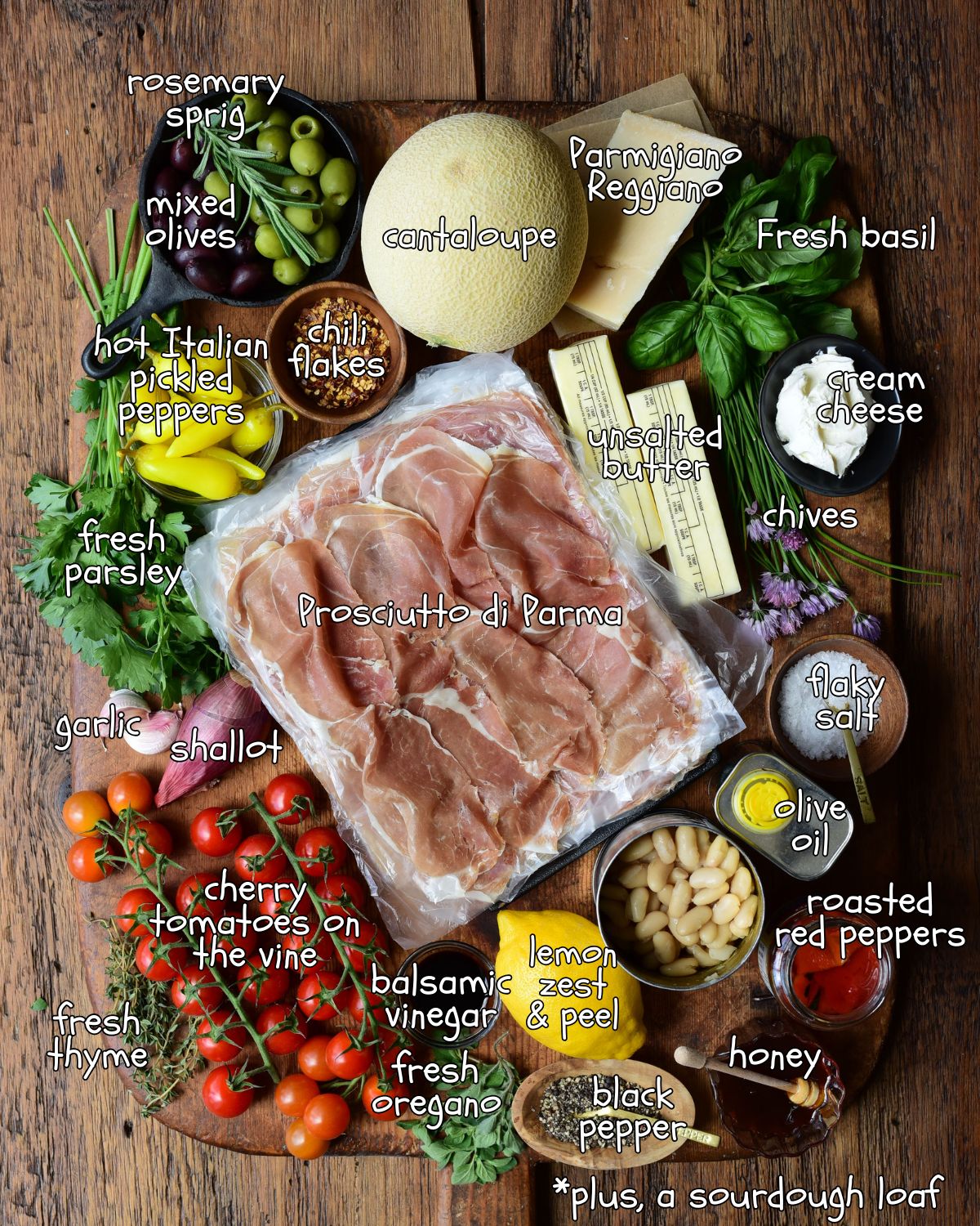 Ingredients for a Prosciutto di Parma Antipasto Butter Board recipe.