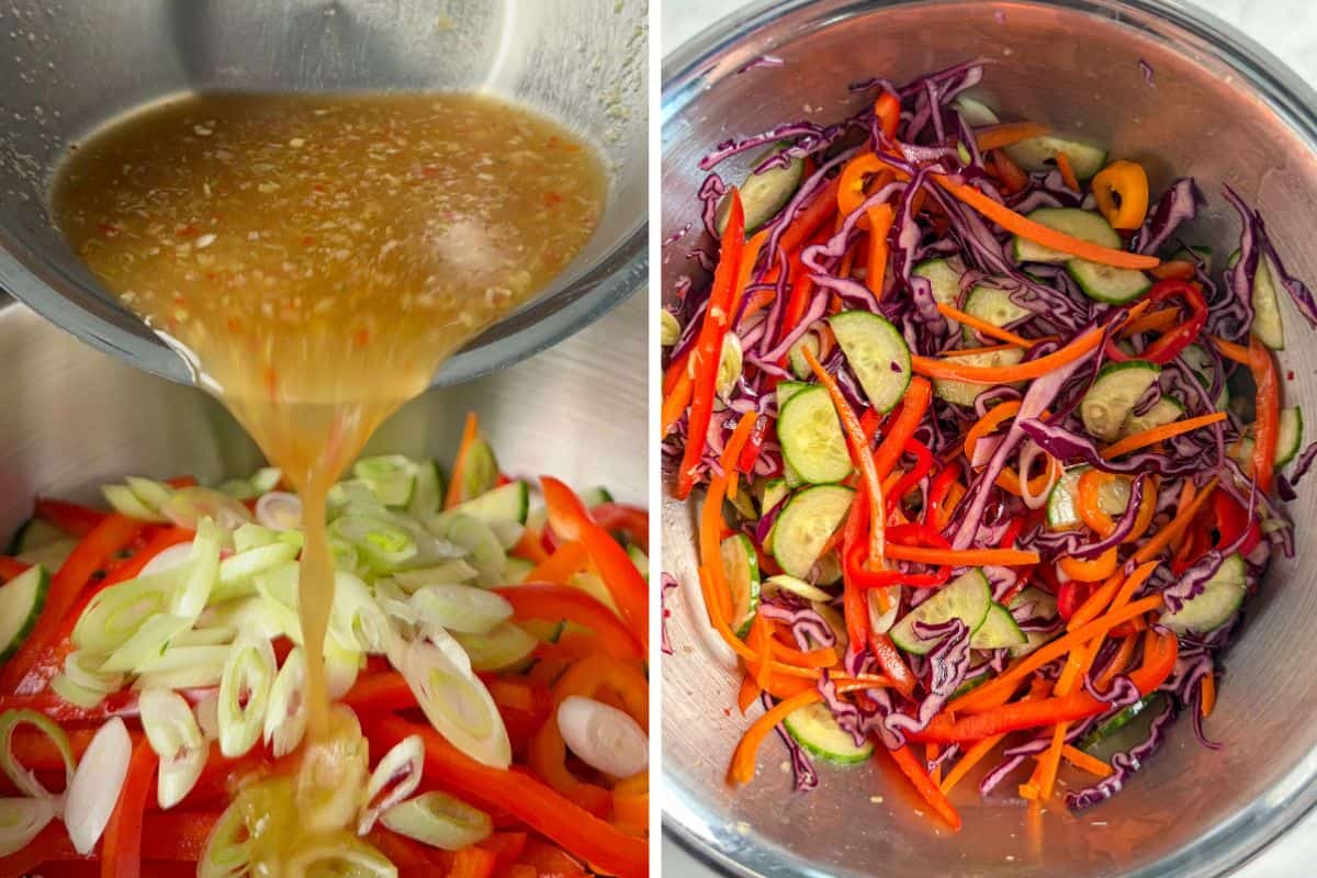 Add the spicy thai salad dressing to the veggies and mix. 