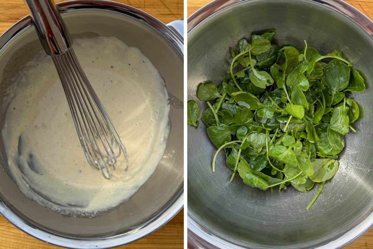 Mix the aioli ingredients and toss the watercress greens.