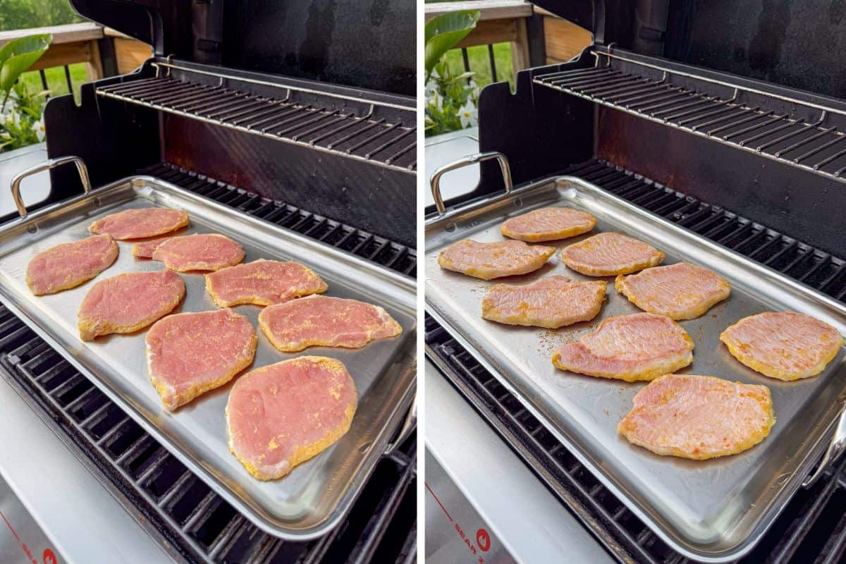Eight piecs of peameal bacon on a griddle, before and after cooking.