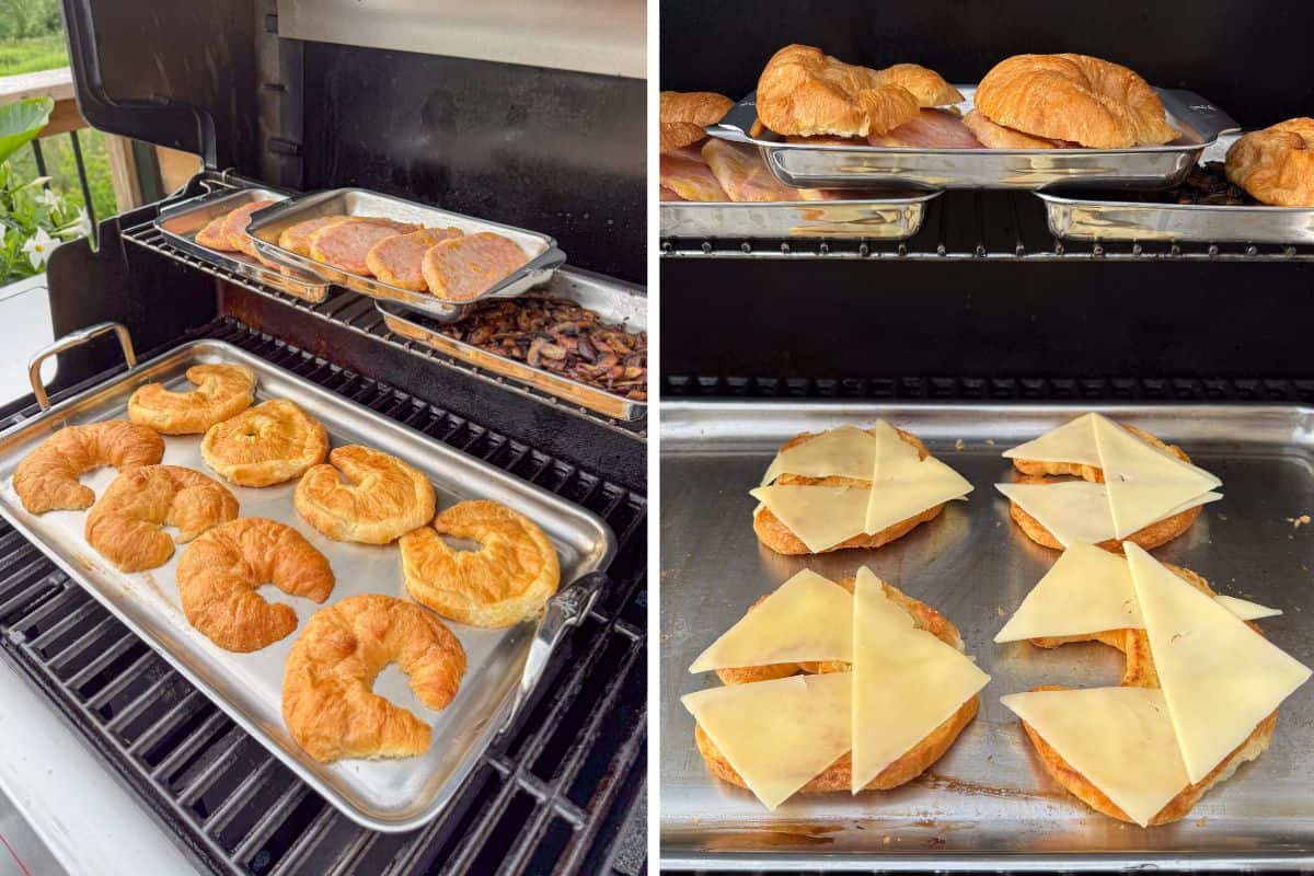 Eight croissant halves on the griddle, cut side down to toast. Cheese added to bottom toasted side to soften.