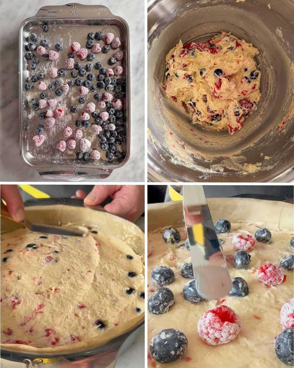 Flour the blueberries and raspberries with flour and gently fold them into the batter. Top with more fresh berries and push them into the cake.