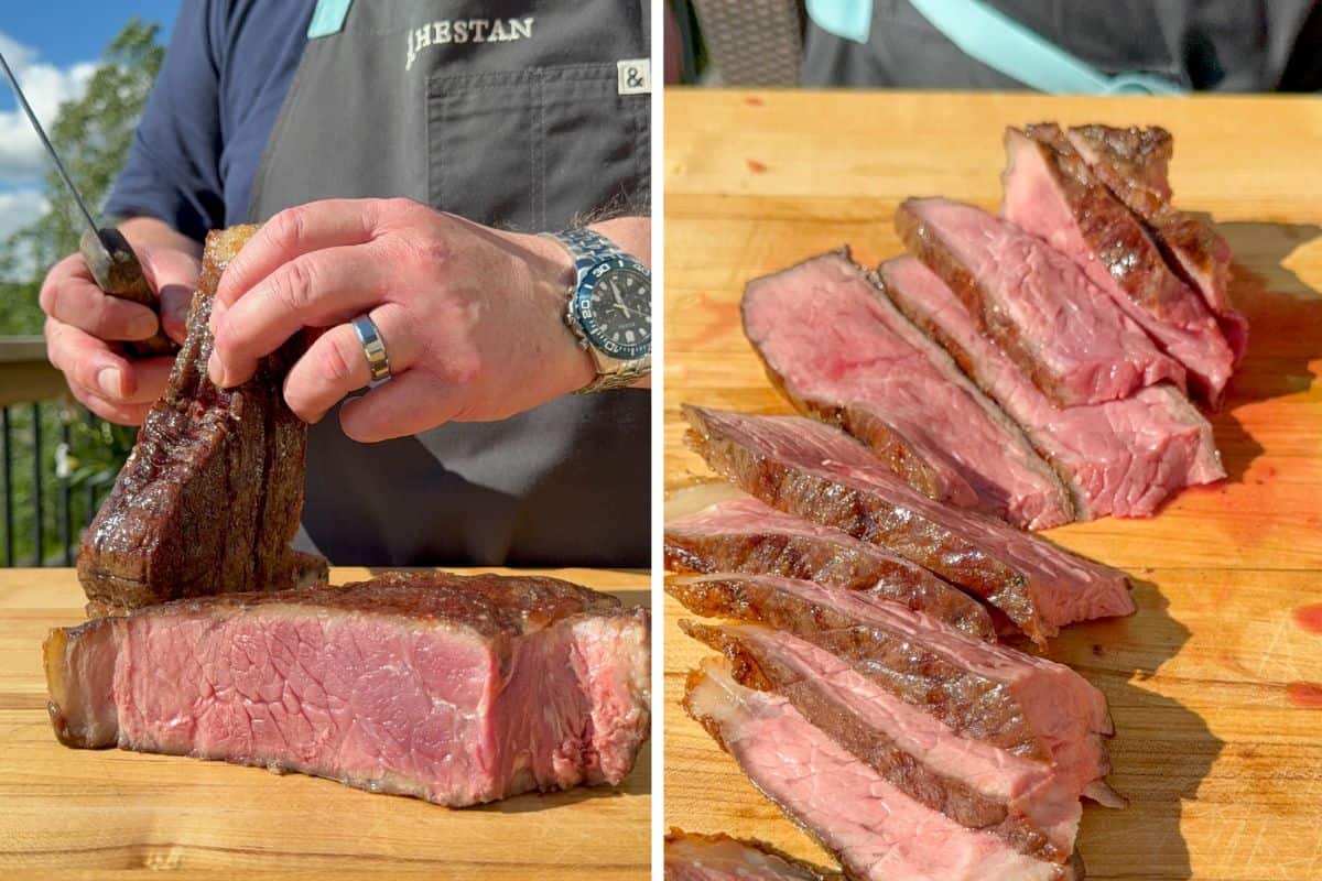Rest the steak after searing then slice. 