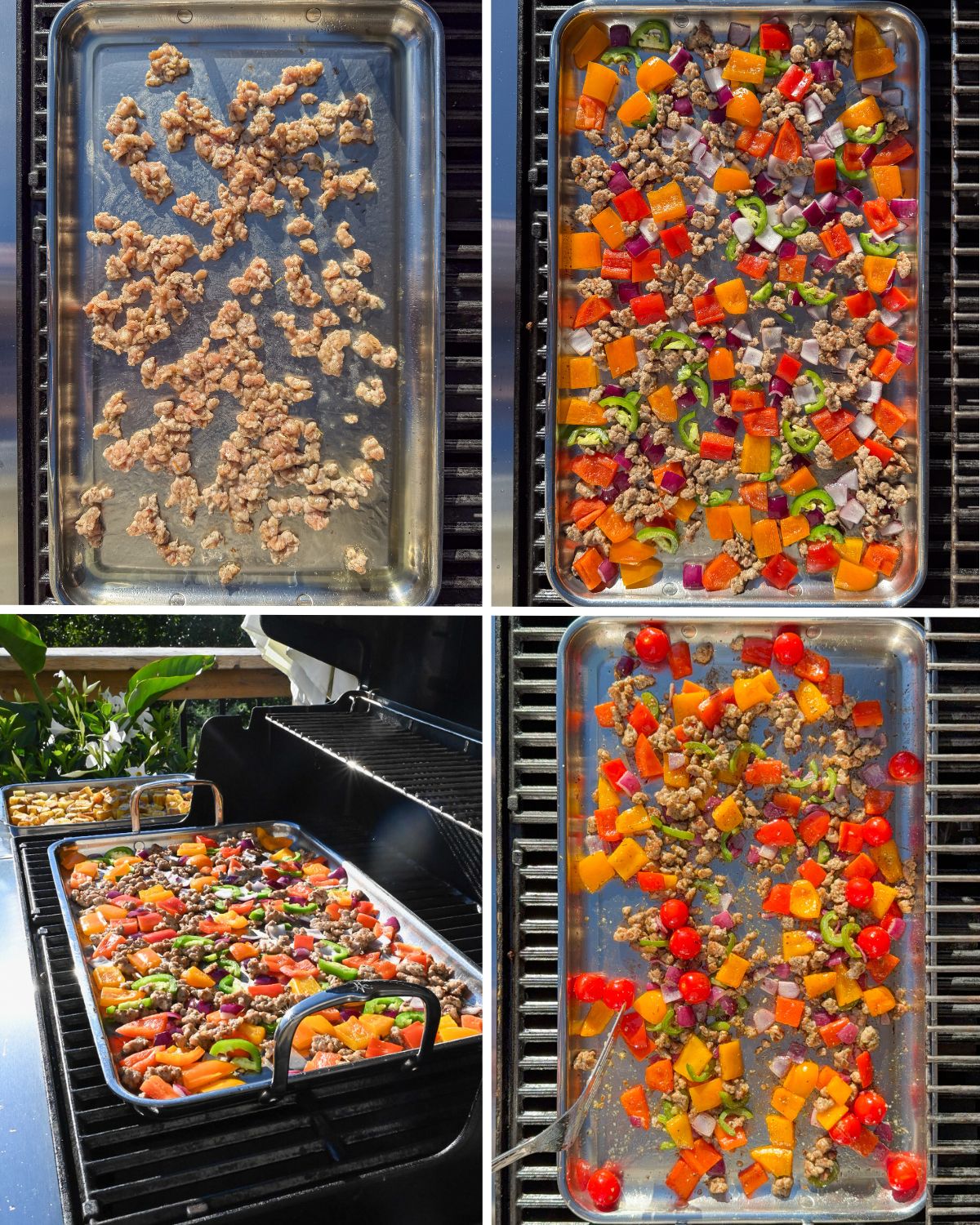 Cook the sausage meat on the griddle first, then add the vegetables to cook. 
