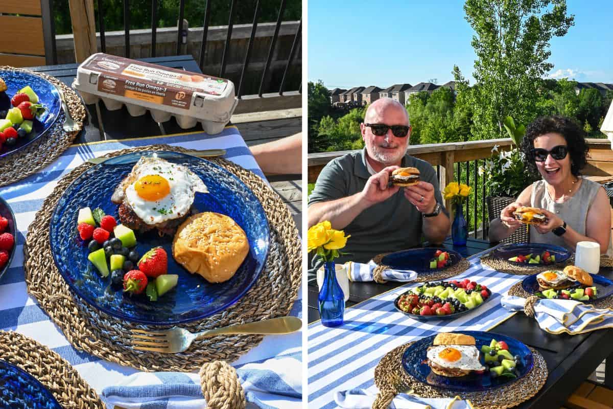 Elaine & James from Zimmy's Nook are enjoying their egg breakfast smash burgers on their deck.
