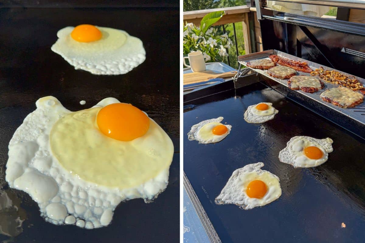Four fried eggs on an outdoor griddle.