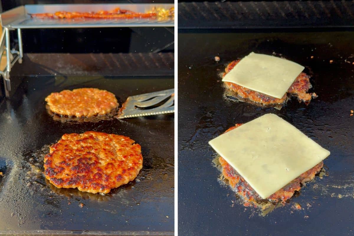 Flip the smash burgers and top with a slice of cheese.