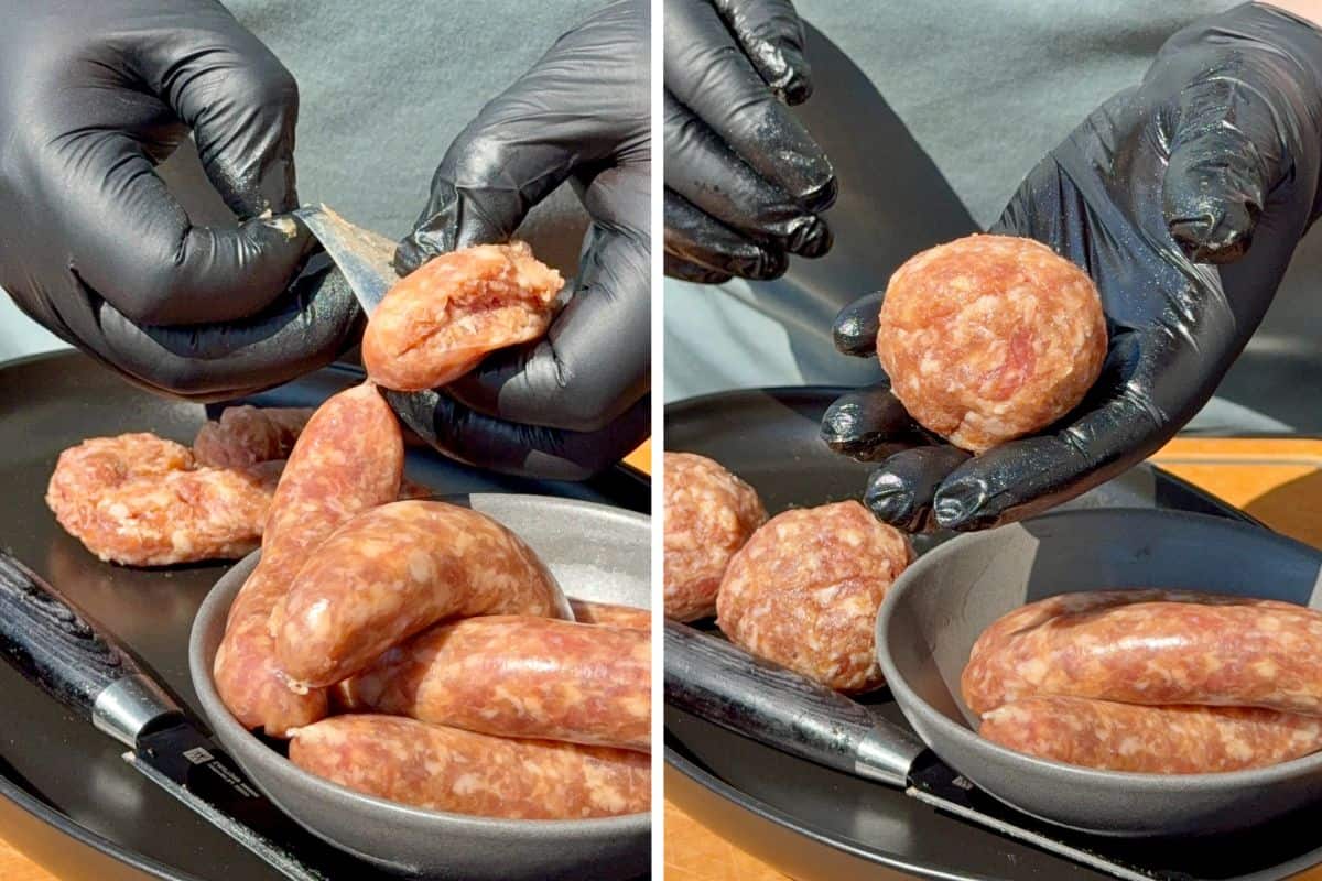 Remove the sausage casing and roll the meat into 4 equal balls.